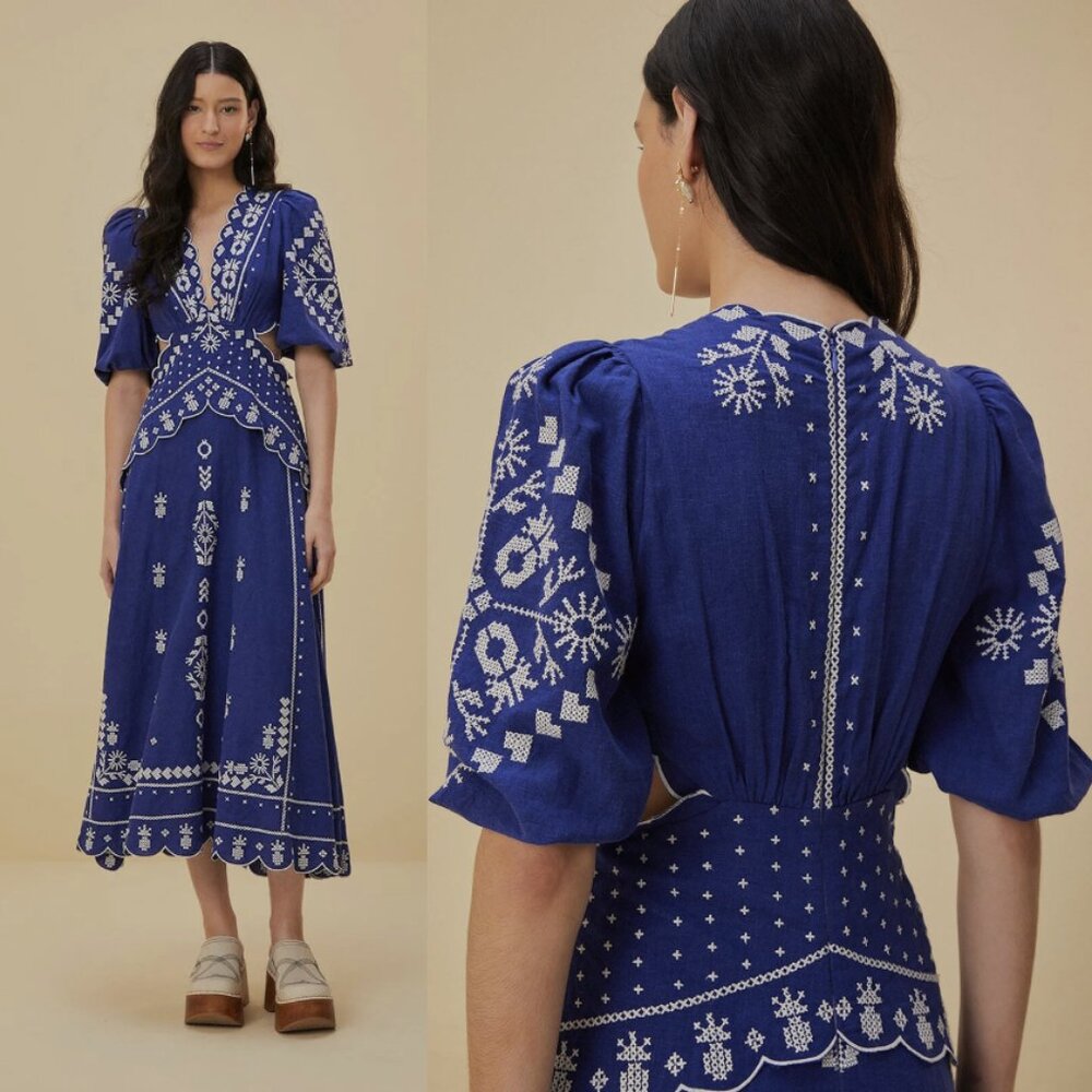 NWT Farm Rio Navy Blue Embroidered Cut-Out Midi Dress